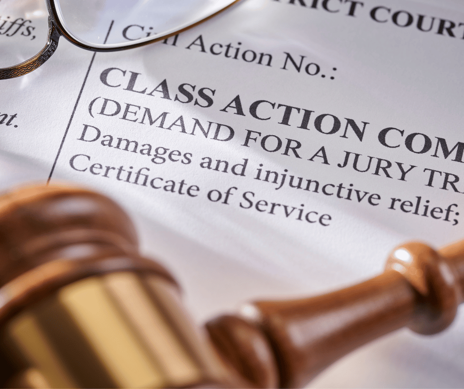 Class action complaint document and judge's gavel.